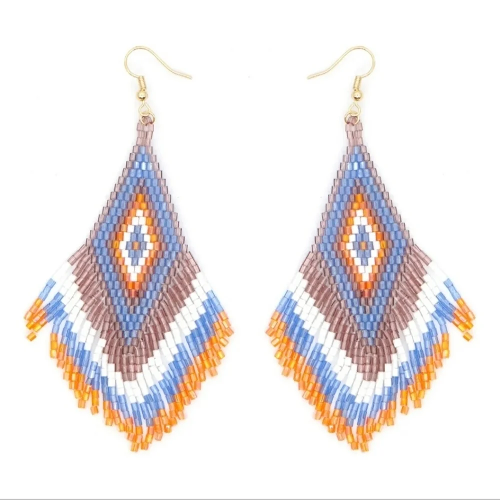 Beaded Earrings Blue Yellow/Gold & White Miyuki Rice Beads